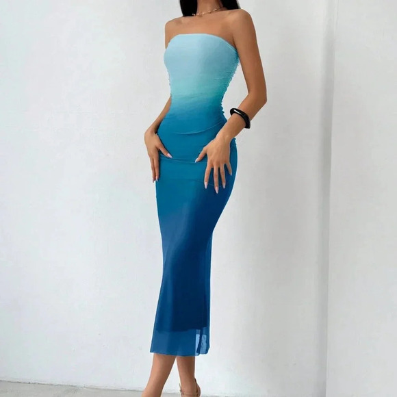 Multicolor Elegant Women's Firerie Gradient Mesh Print Bodycon Dress - Picture 3 of 6